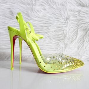 Christian Louboutin Spikaqueen 100 Crystal Neon Yellow Green Clear Pumps Size 37
